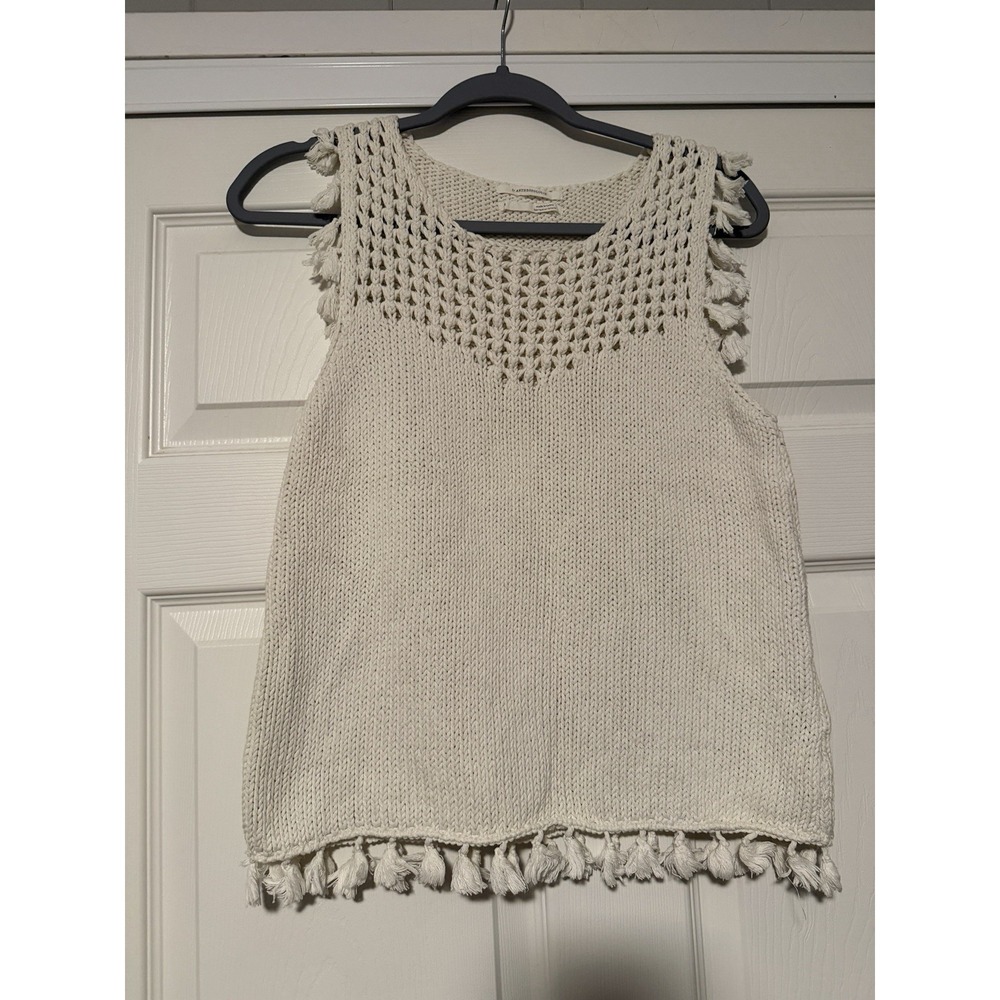 Anthropologie Crochet Tank Top Cream Tassel Knit Festival Beachwear Bohemian